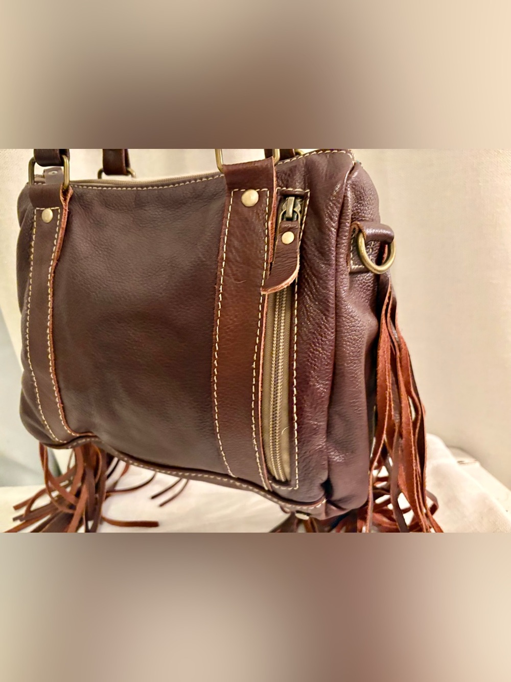 Myra Bag Cowhide Tooled Genui Leather Fringe Satchel Western Boho Bag Purse Med - Picture 5 of 15